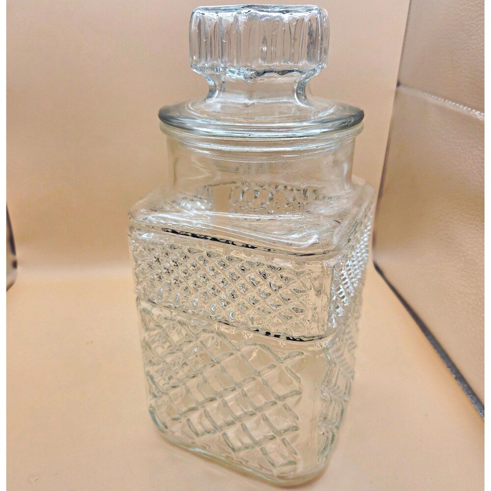 Clear Pressed Glass Square Diamond Pattern Jar w/ Lift-Off Lid Set of 2 8in